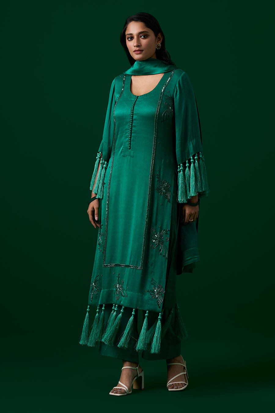 Green Crystal Embellished Kurta Set