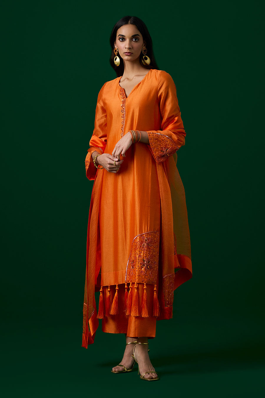 Orange Crystal Embellished Kurta Set