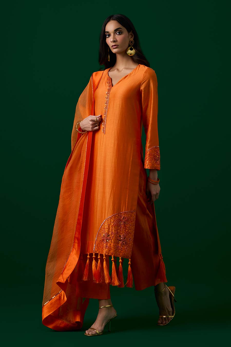 Orange Crystal Embellished Kurta Set