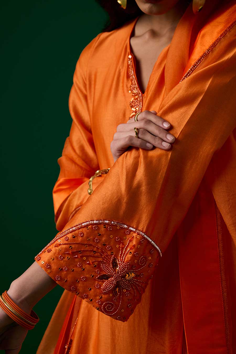 Orange Crystal Embellished Kurta Set