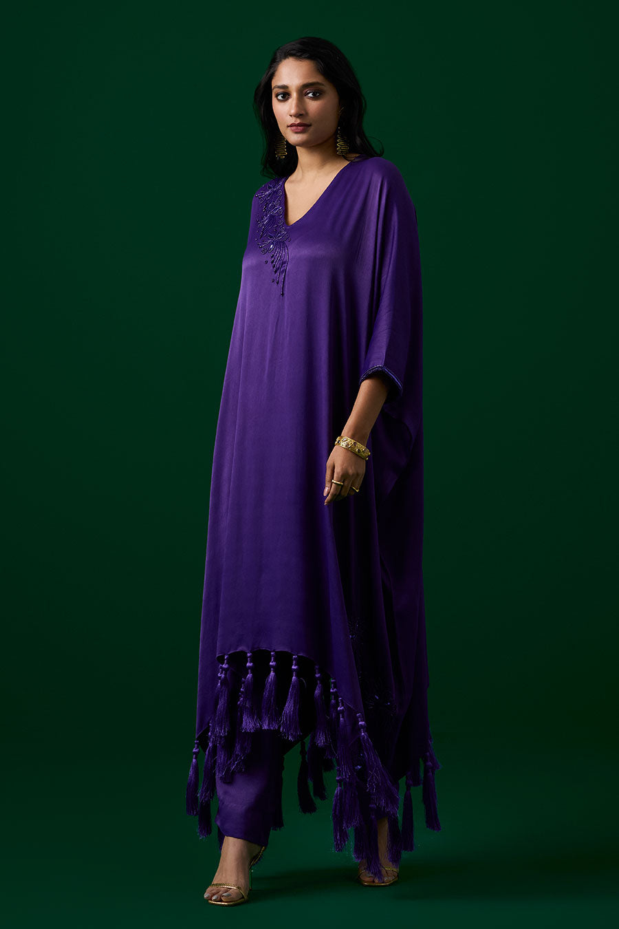 Purple Crystal Embellished Kaftan & Pant Set