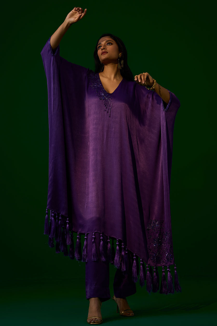 Purple Crystal Embellished Kaftan & Pant Set