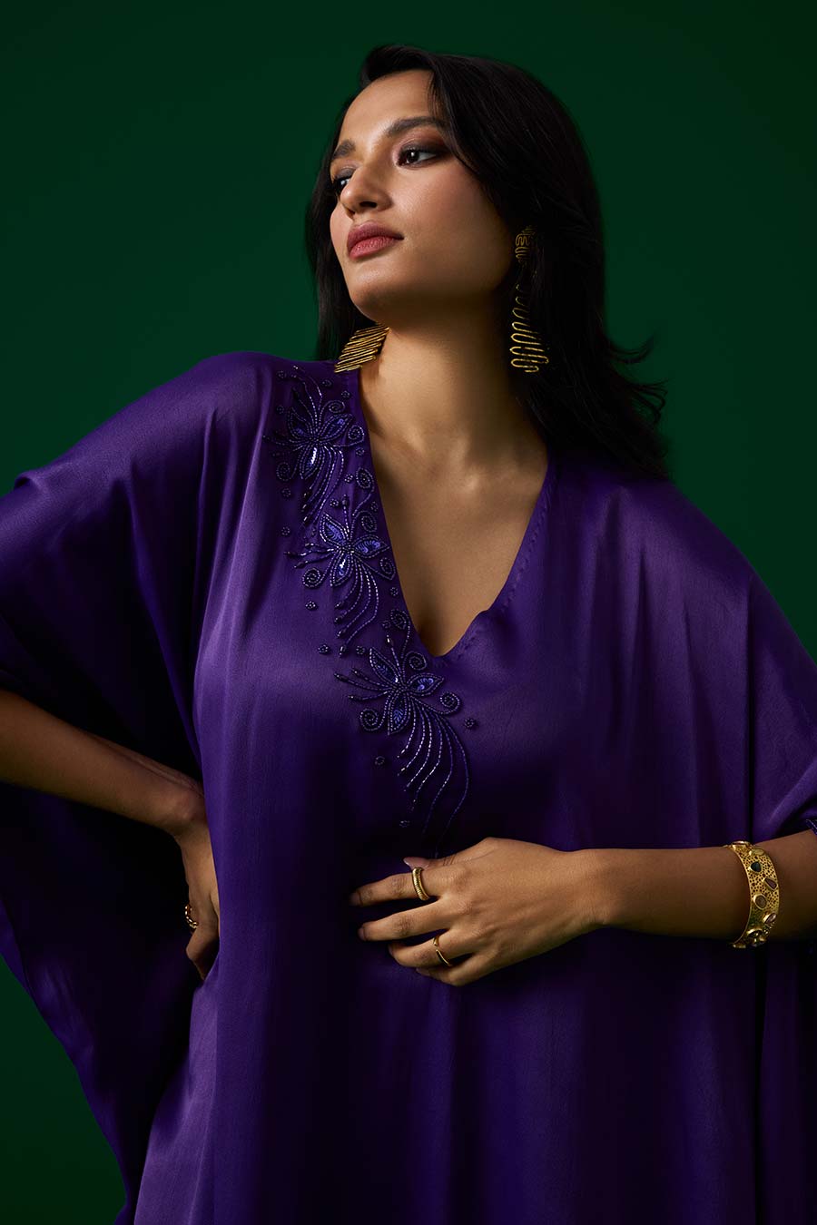 Purple Crystal Embellished Kaftan & Pant Set