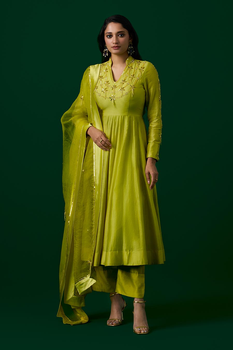 Lime Green Crystal Embroidered Anarkali Set