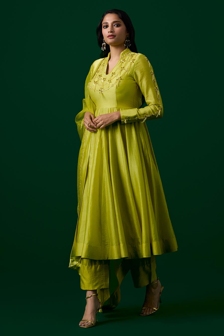 Lime Green Crystal Embroidered Anarkali Set