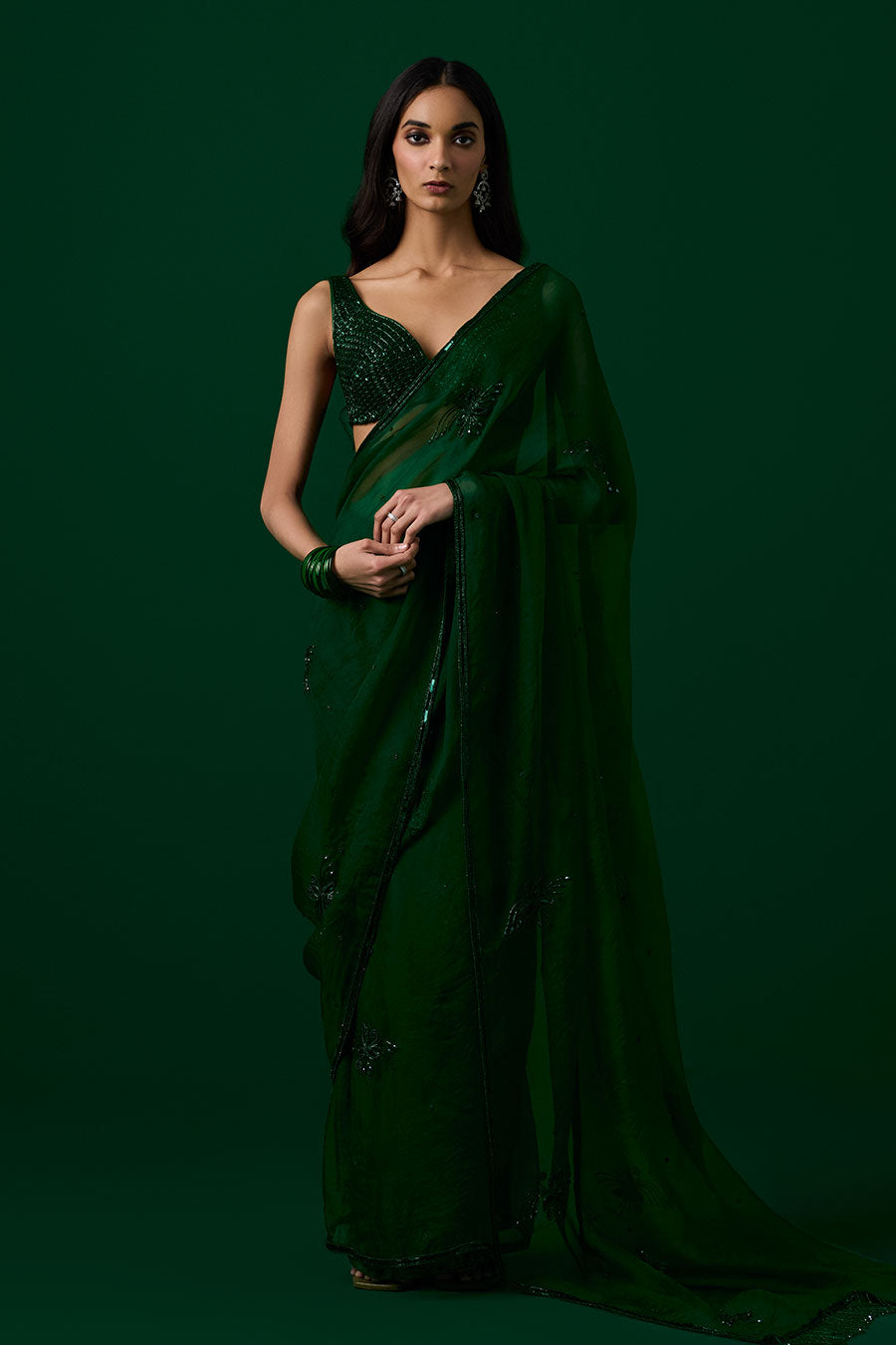 Green Crystal Embroidered Saree & Blouse Set