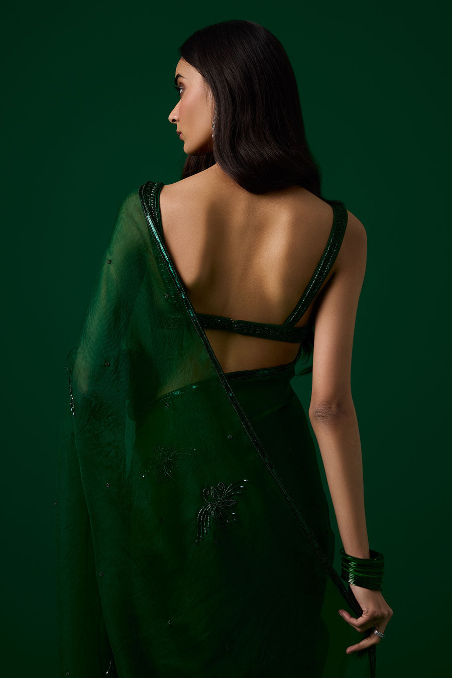 Green Crystal Embroidered Saree & Blouse Set