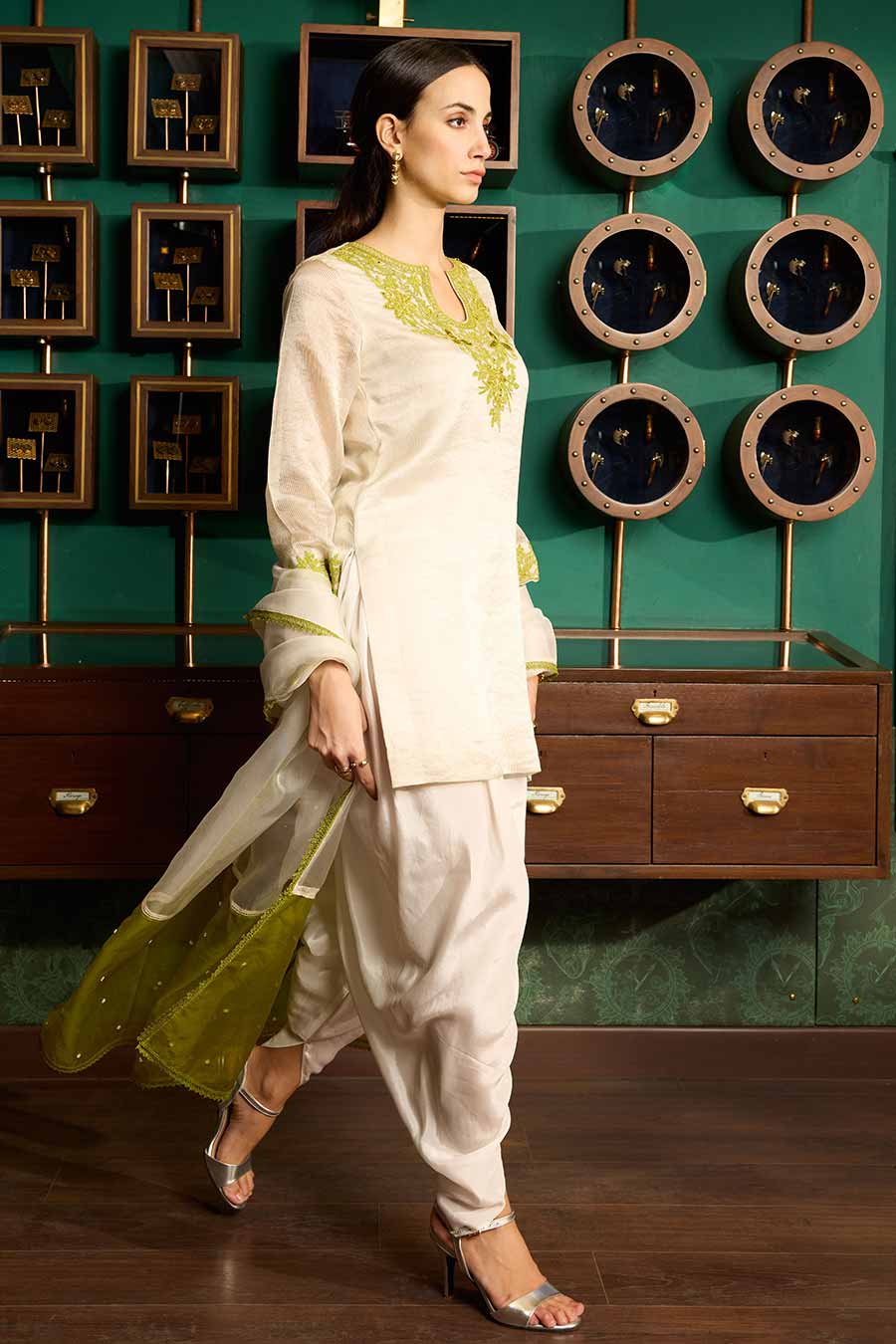 Off-White Embroidered Chanderi Silk Kurta Set