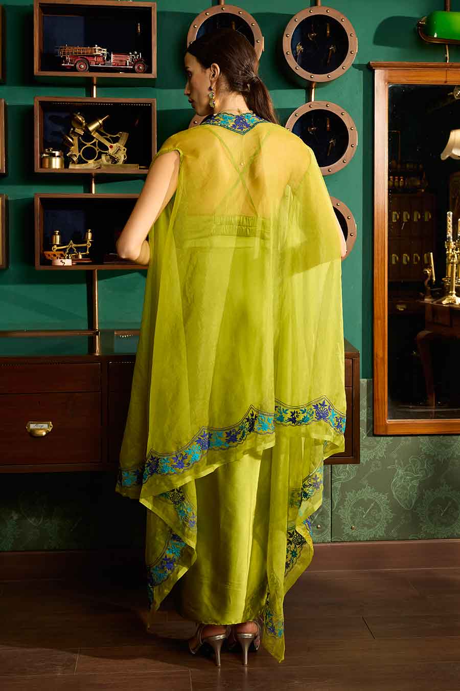 Green Bustier & Draped Skirt With Embroidered Cape Set