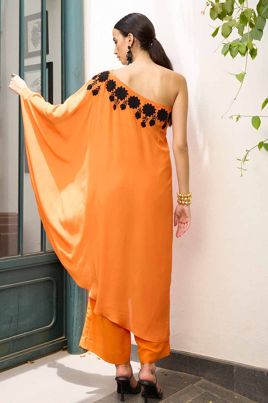Orange One-Shoulder Embroidered Kaftan & Pant Set