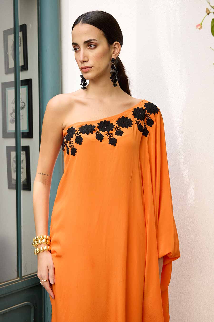 Orange One-Shoulder Embroidered Kaftan & Pant Set