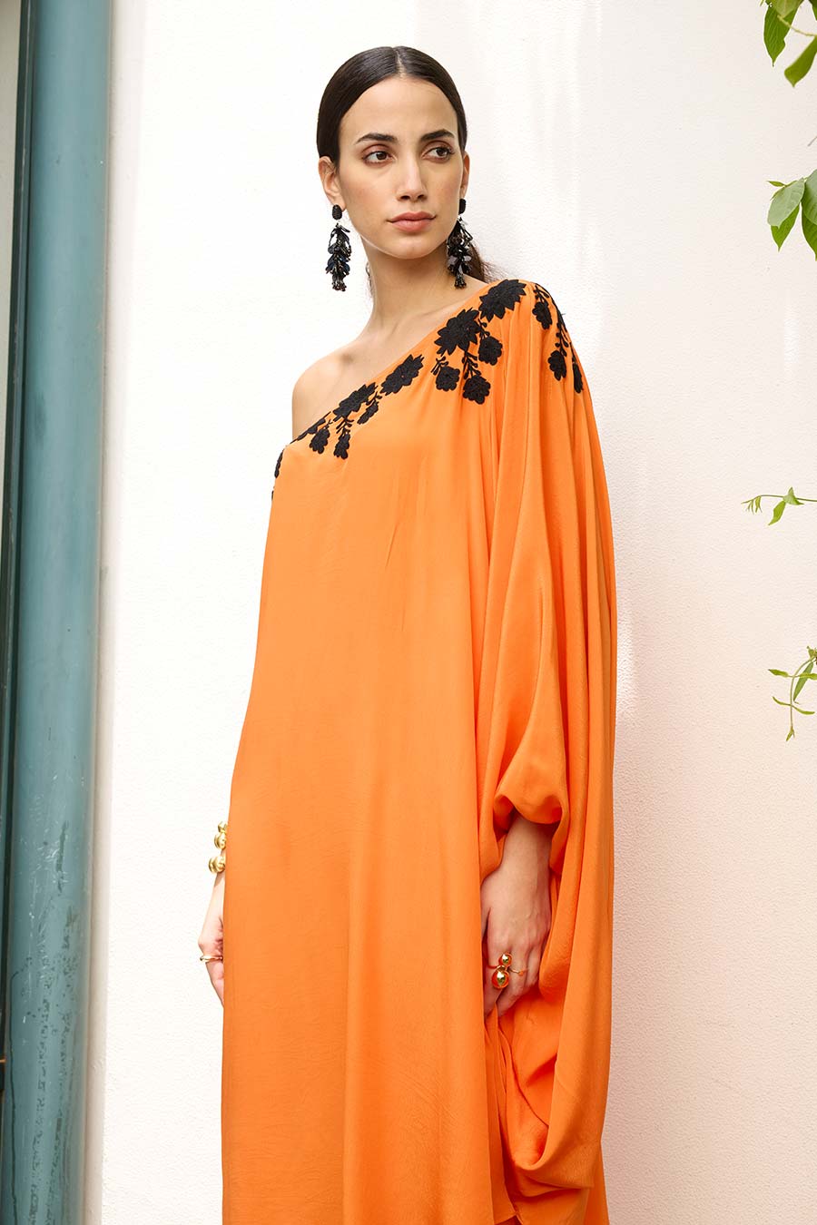 Orange One-Shoulder Embroidered Kaftan & Pant Set
