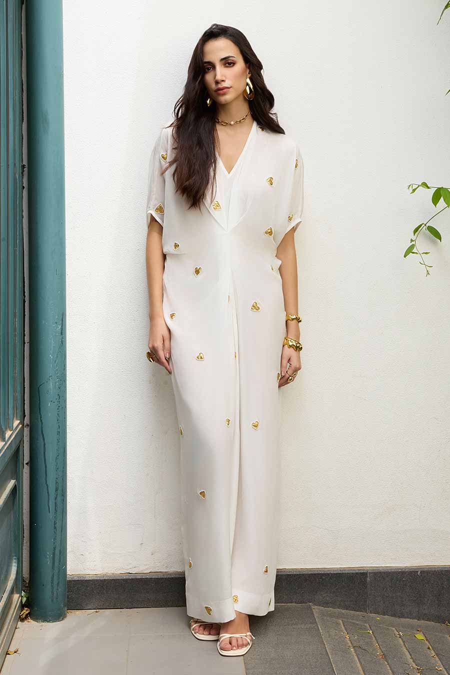 White Embroidered Heart Motif Kaftan Long Dress