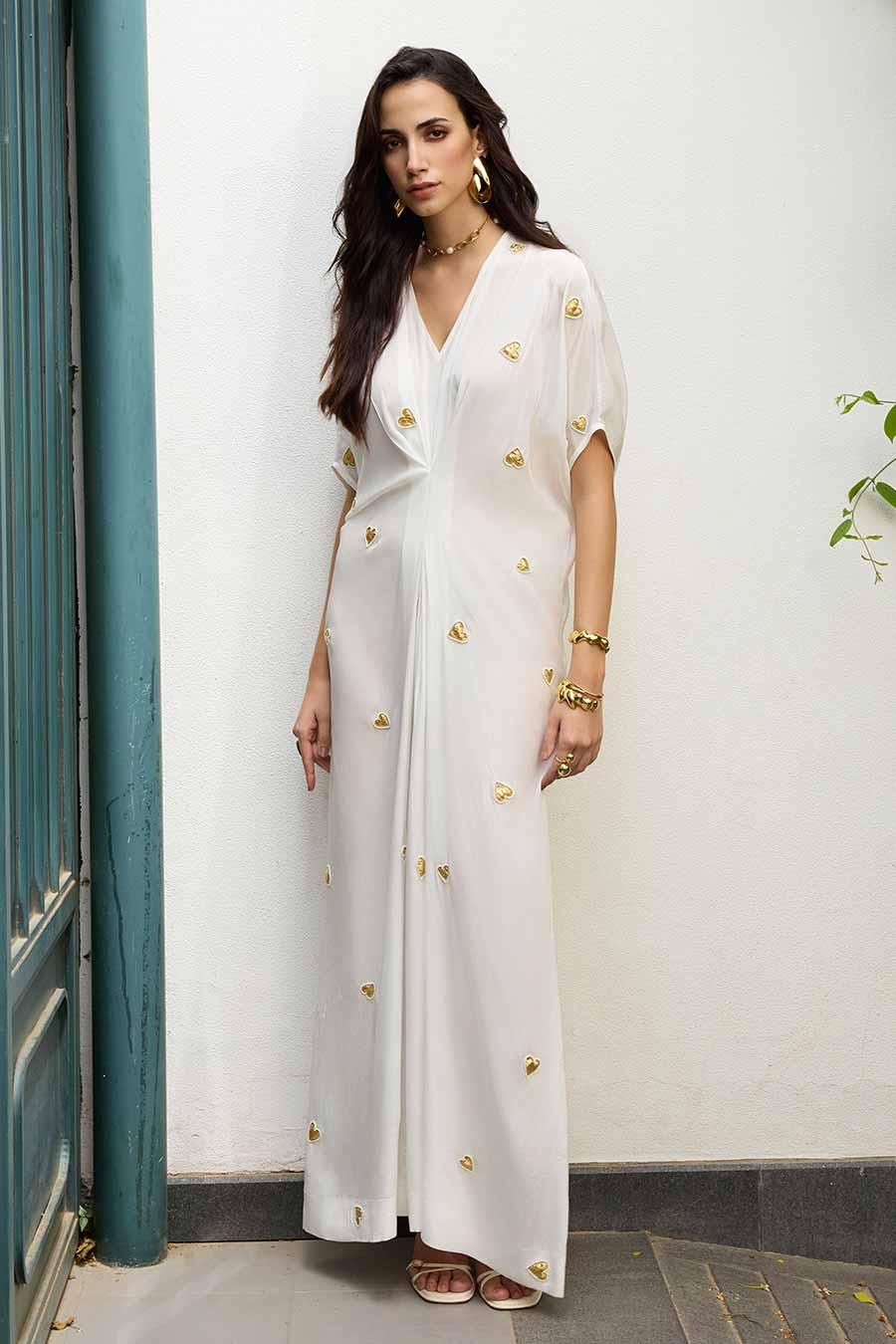 White Embroidered Heart Motif Kaftan Long Dress