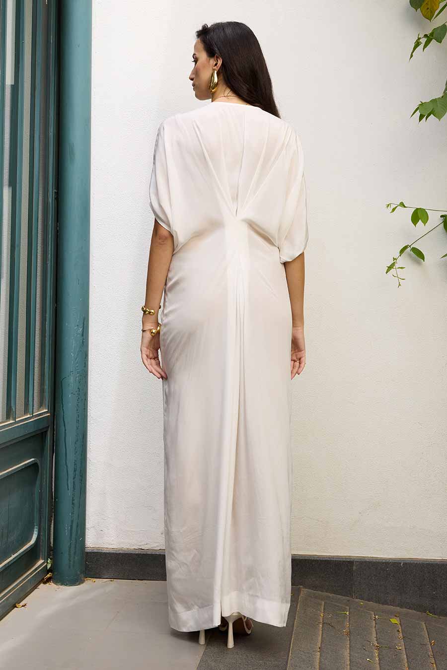 White Embroidered Heart Motif Kaftan Long Dress