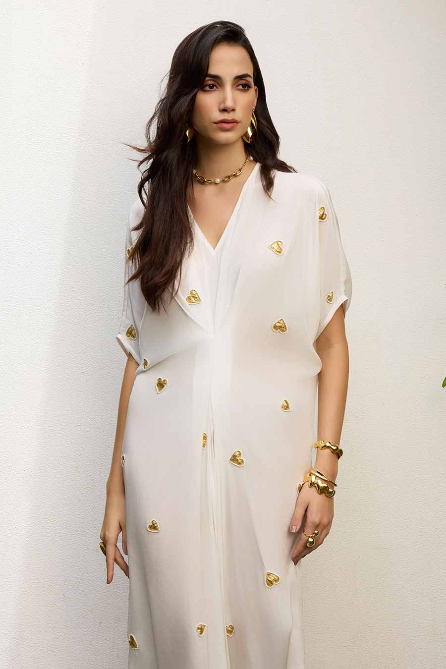 White Embroidered Heart Motif Kaftan Long Dress