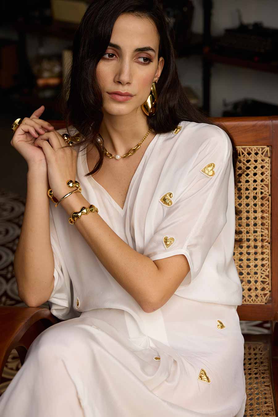 White Embroidered Heart Motif Kaftan Long Dress