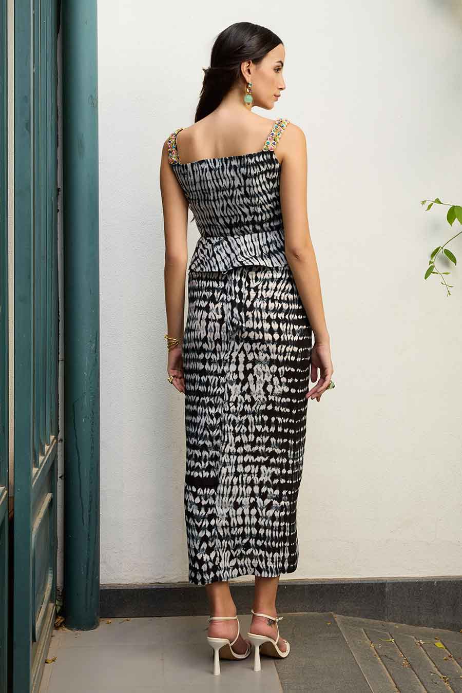 Black & White Shibori Dyed Top & Draped Skirt Set