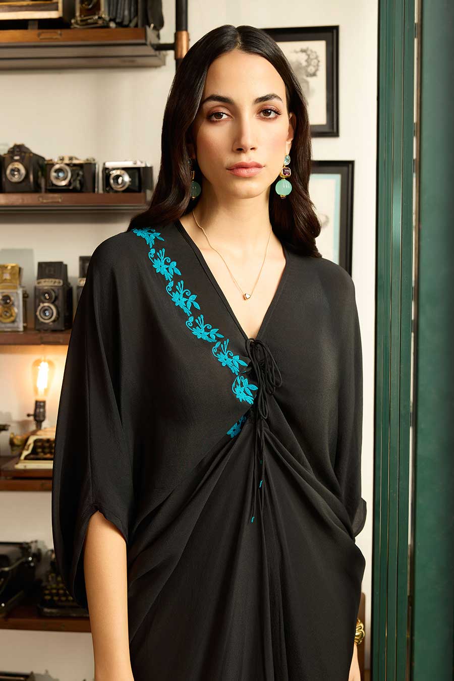 Black Embroidered Ruched Kaftan Dress