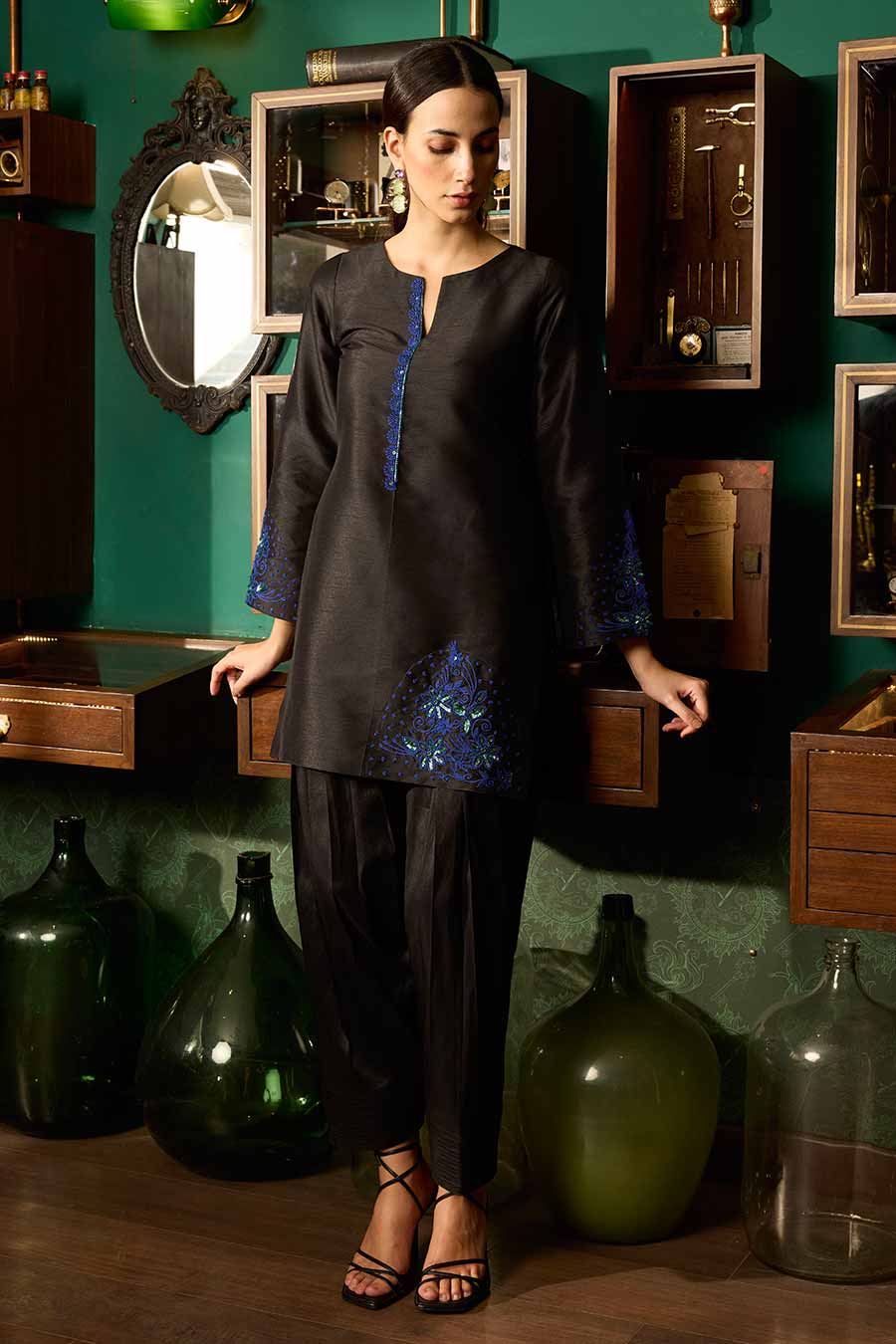 Black Embroidered Short Kurta Set