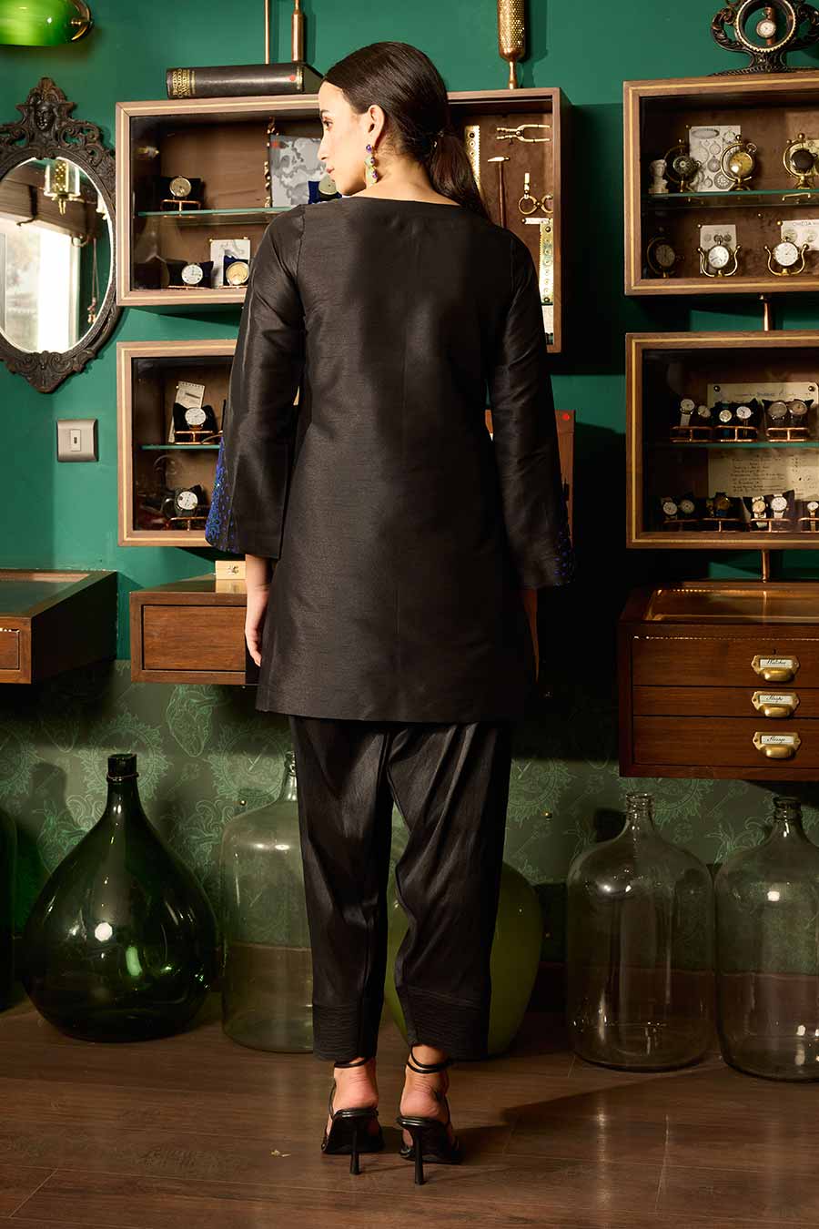 Black Embroidered Short Kurta Set