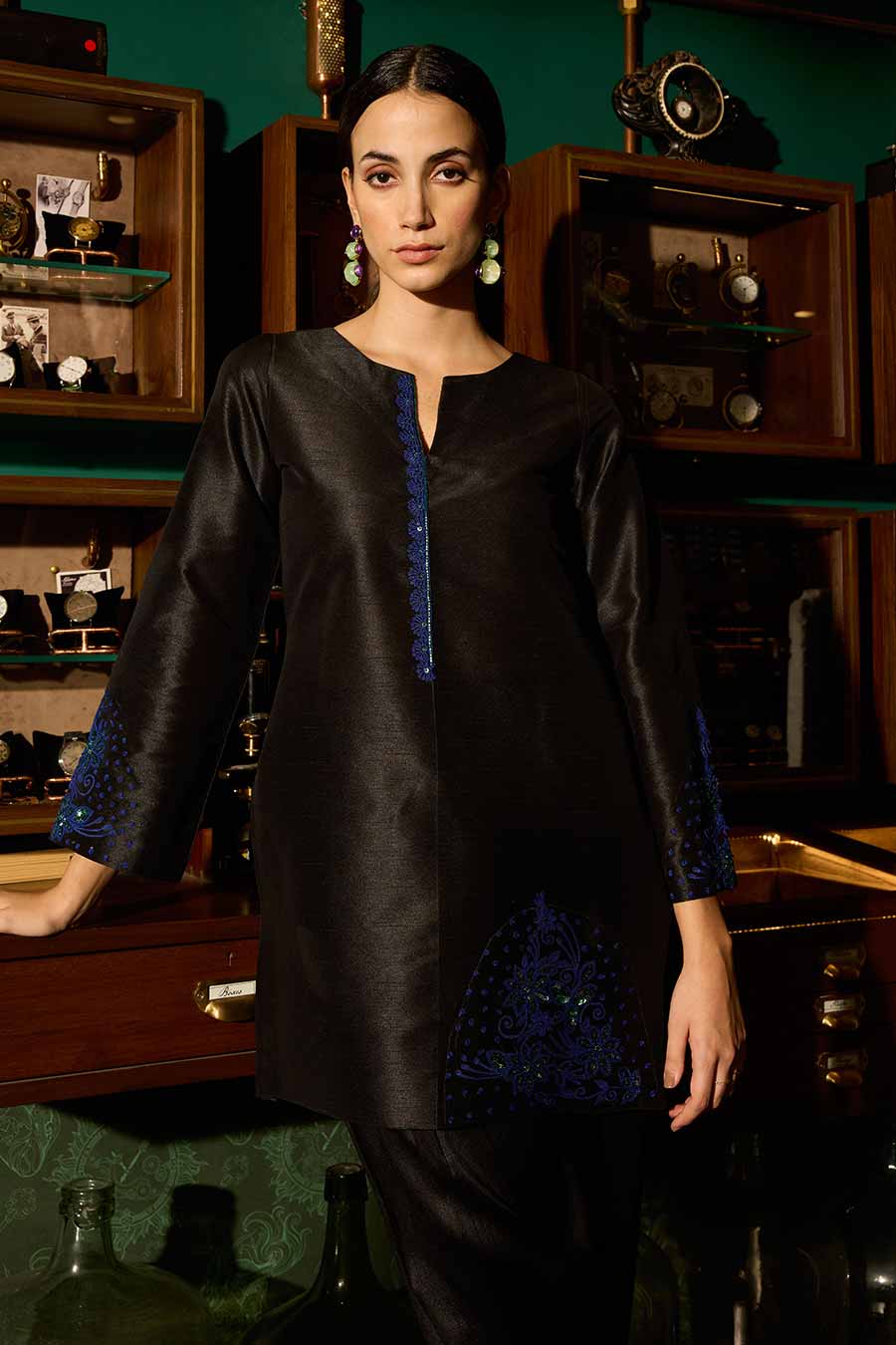Black Embroidered Short Kurta Set
