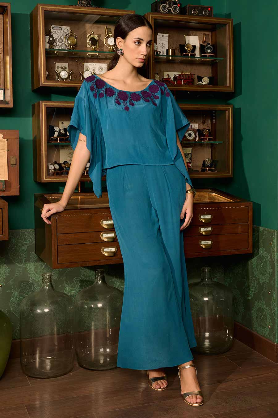 Blue Embroidered Kaftan Top & Pant Co-Ord Set