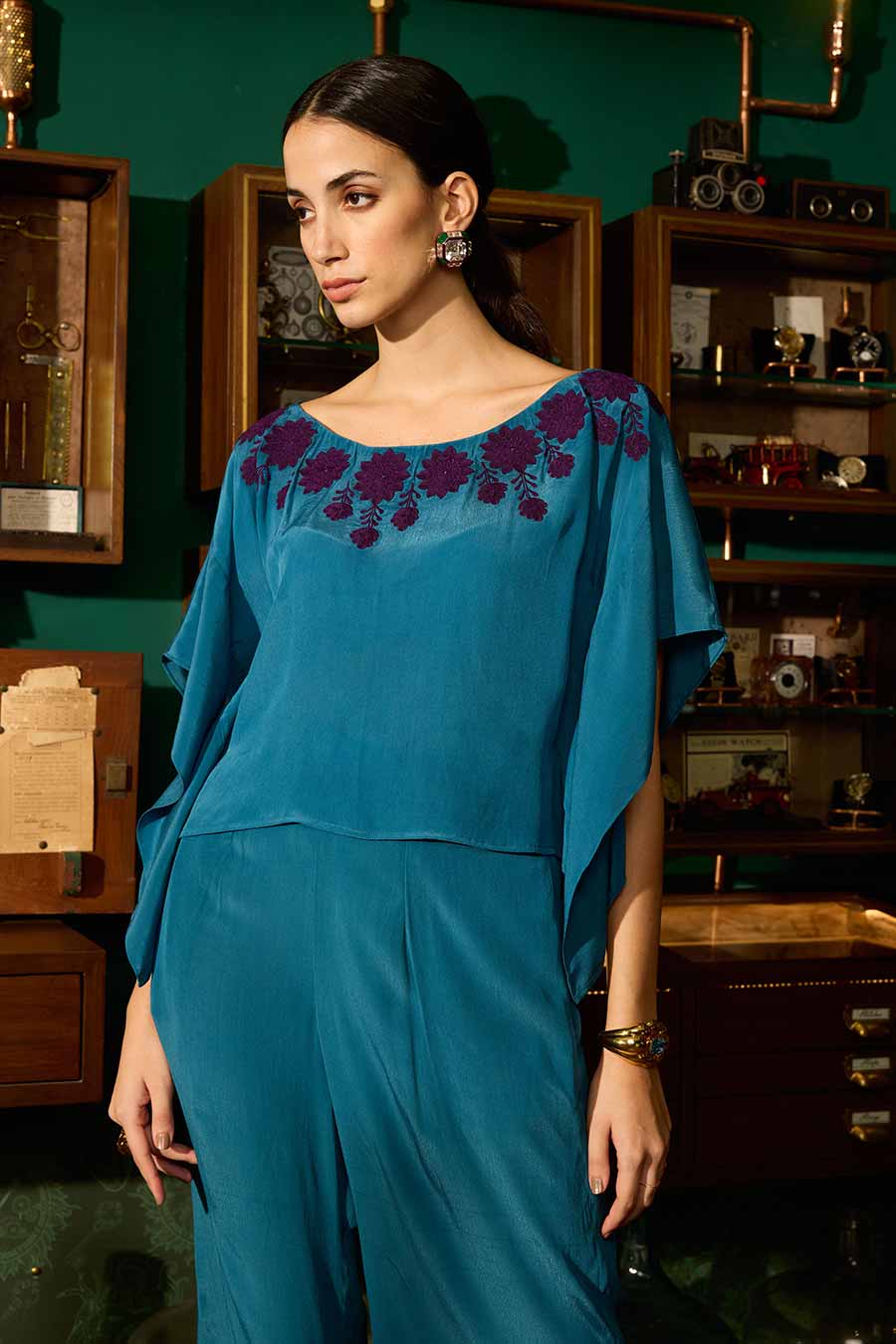 Blue Embroidered Kaftan Top & Pant Co-Ord Set
