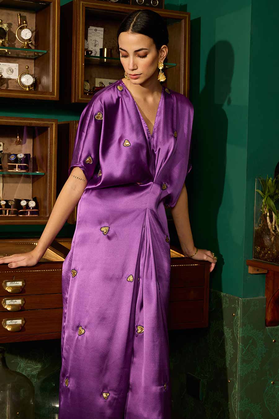 Purple Embroidered Heart Motif Kaftan Long Dress