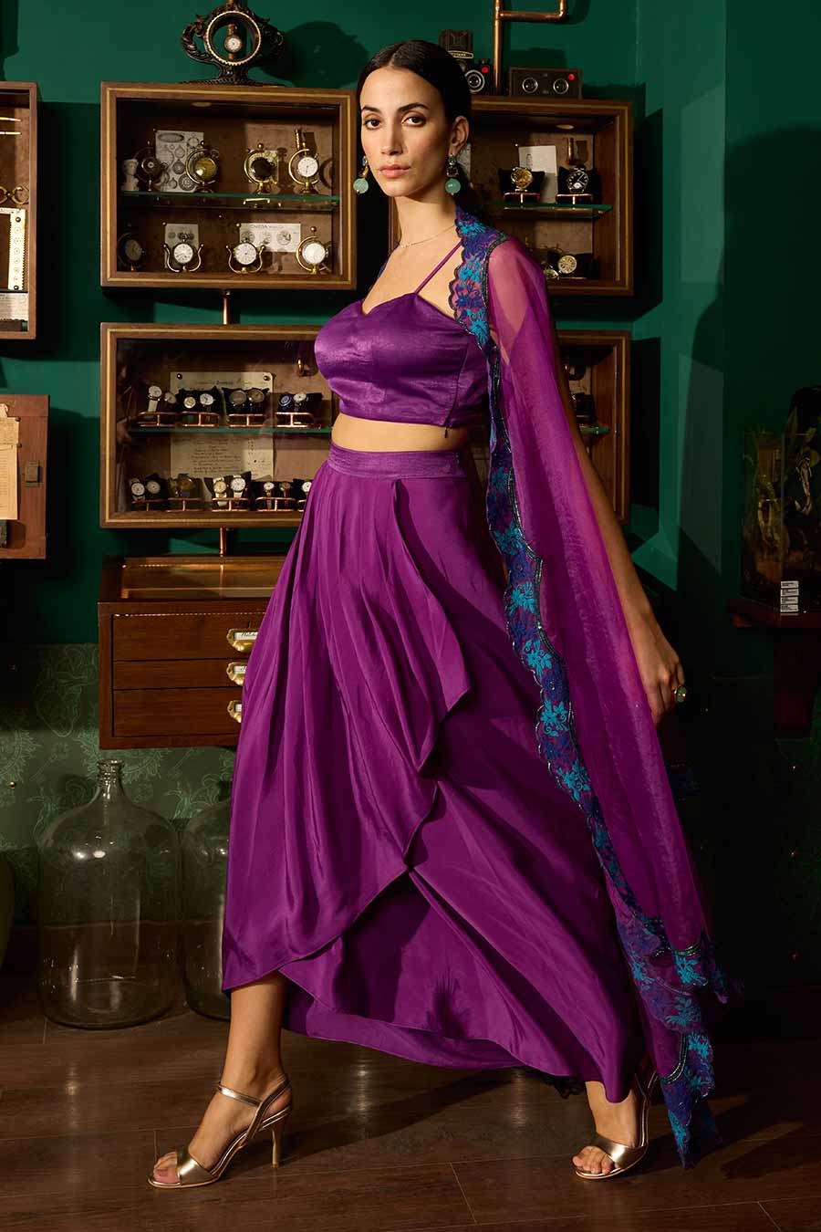 Purple Bustier & Draped Skirt With Embroidered Cape Set