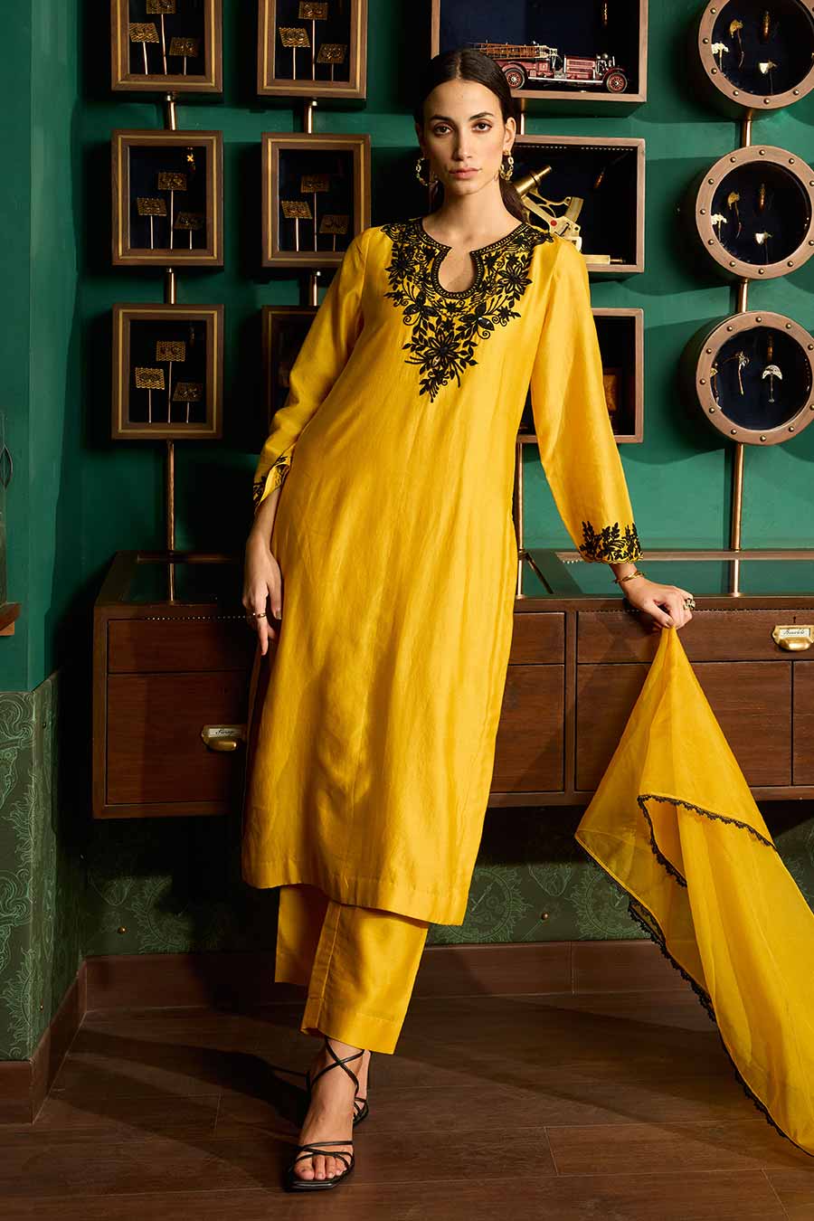 Yellow Embroidered Chanderi Silk Kurta Set