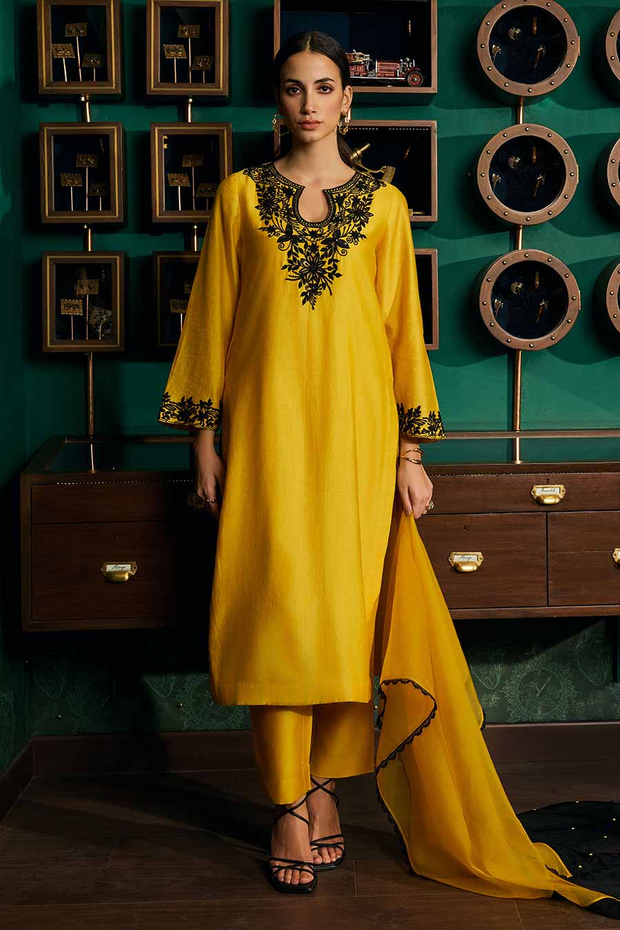 Yellow Embroidered Chanderi Silk Kurta Set
