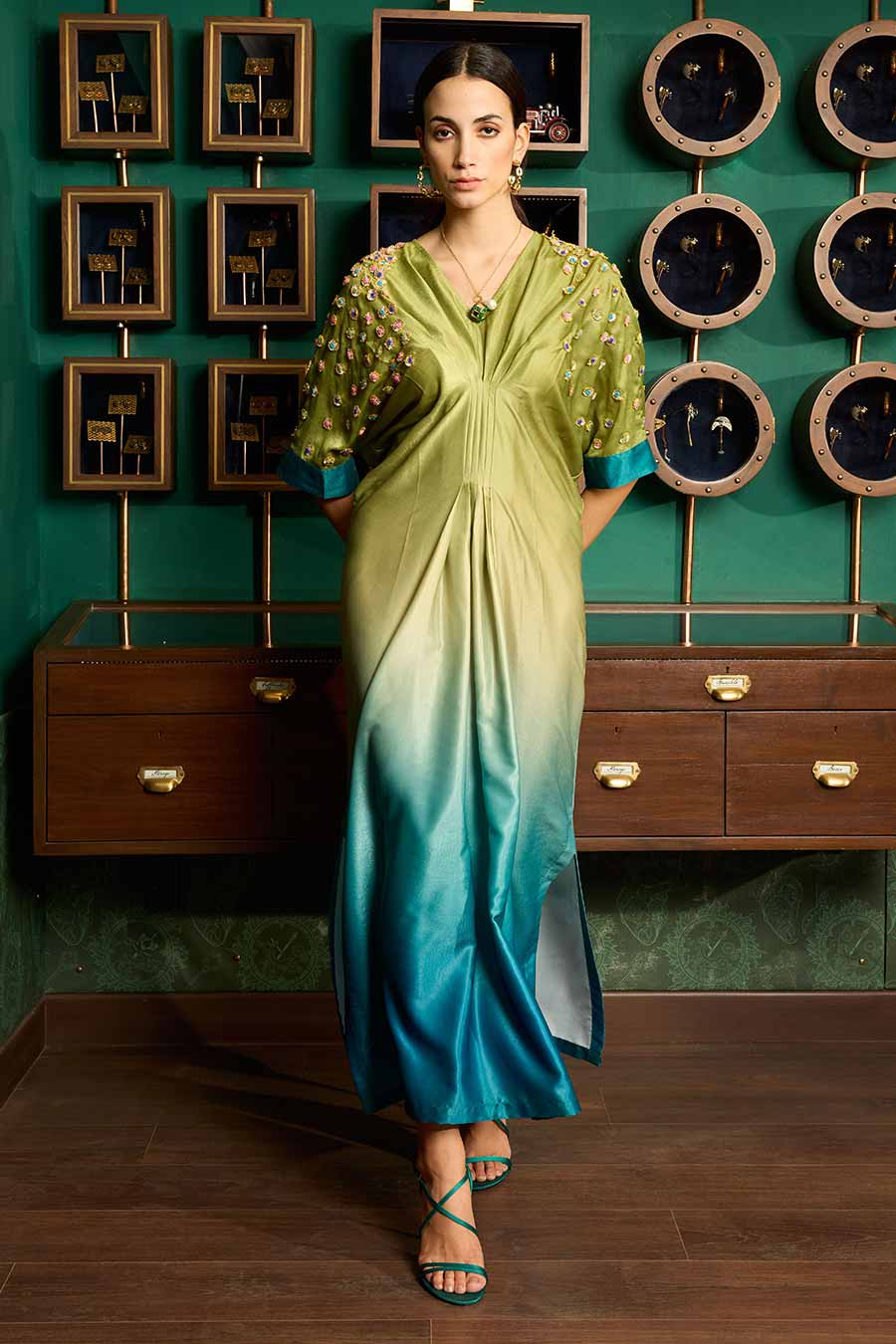 Green & Blue Ombre Embroidered Kaftan Long Dress