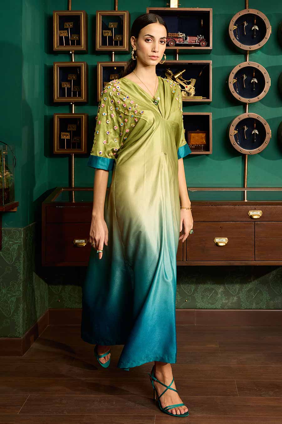 Green & Blue Ombre Embroidered Kaftan Long Dress