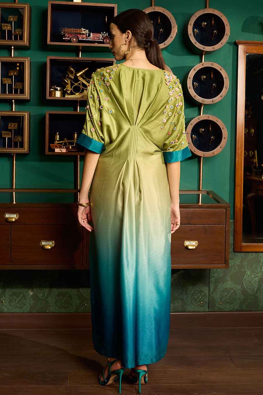 Green & Blue Ombre Embroidered Kaftan Long Dress