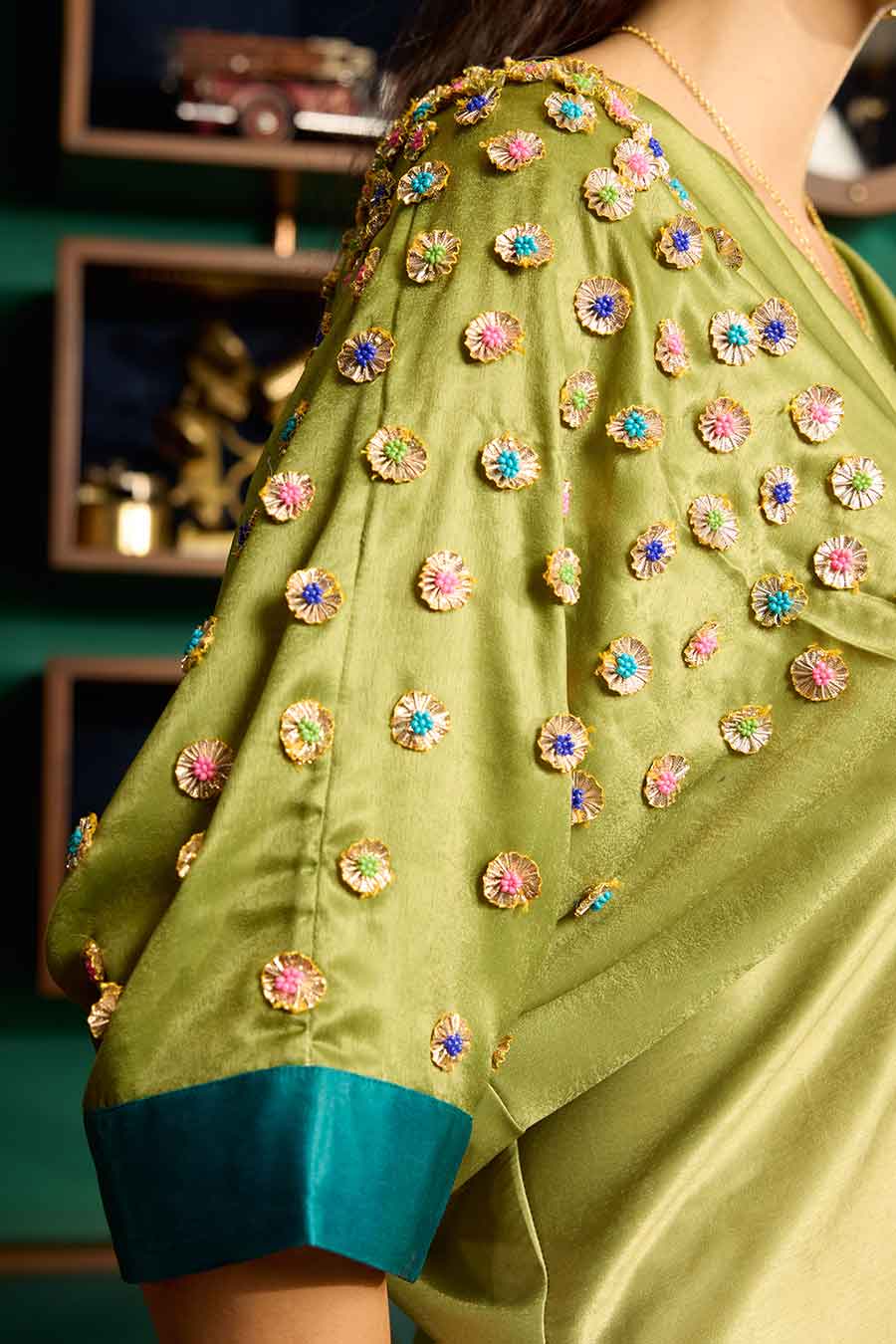 Green & Blue Ombre Embroidered Kaftan Long Dress