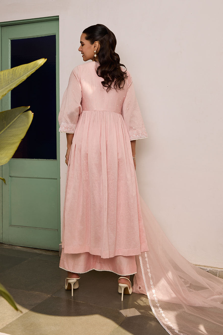 Pink Embroidered Organza Gathered Kurta Set