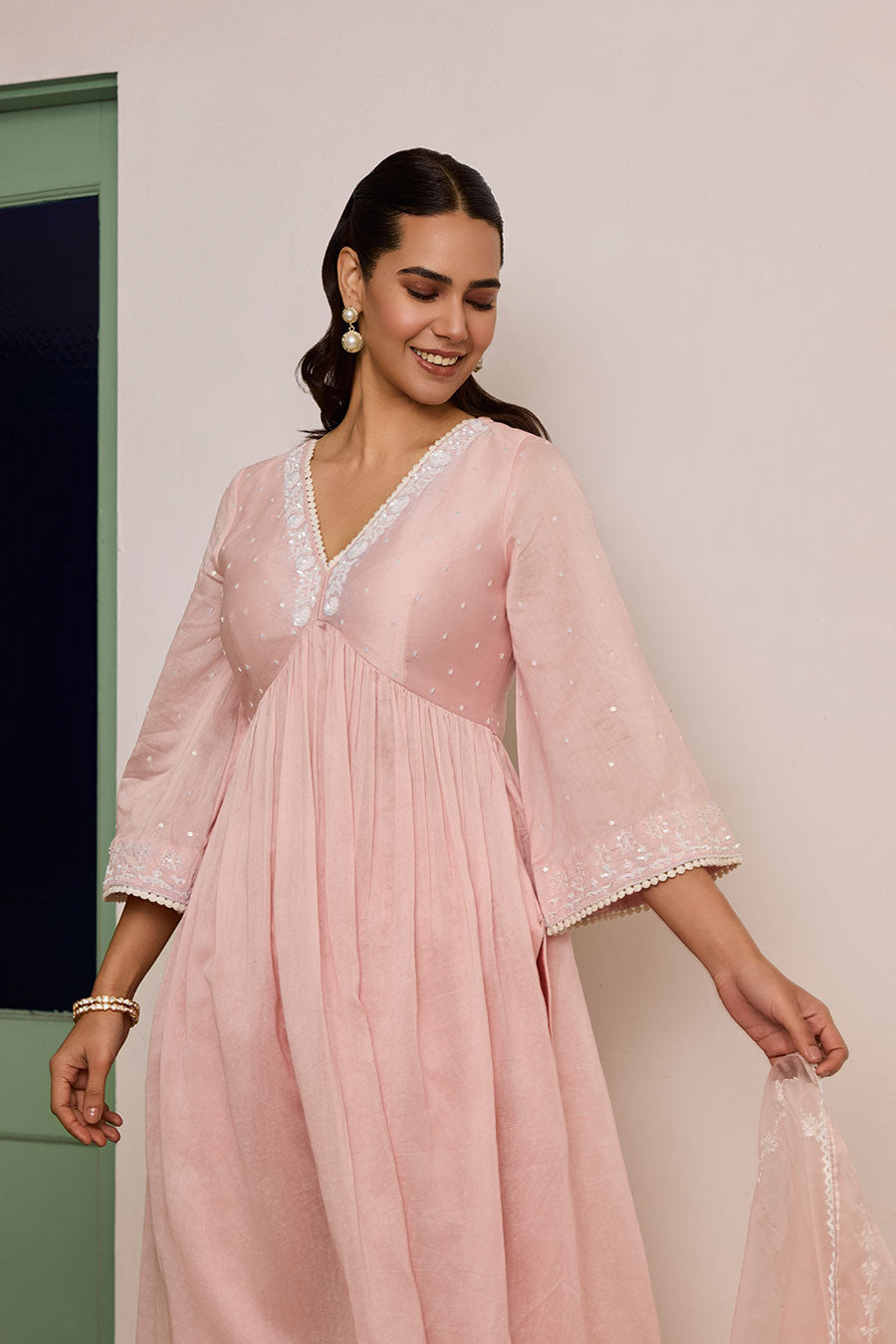 Pink Embroidered Organza Gathered Kurta Set