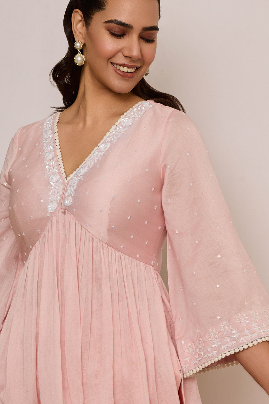 Pink Embroidered Organza Gathered Kurta Set
