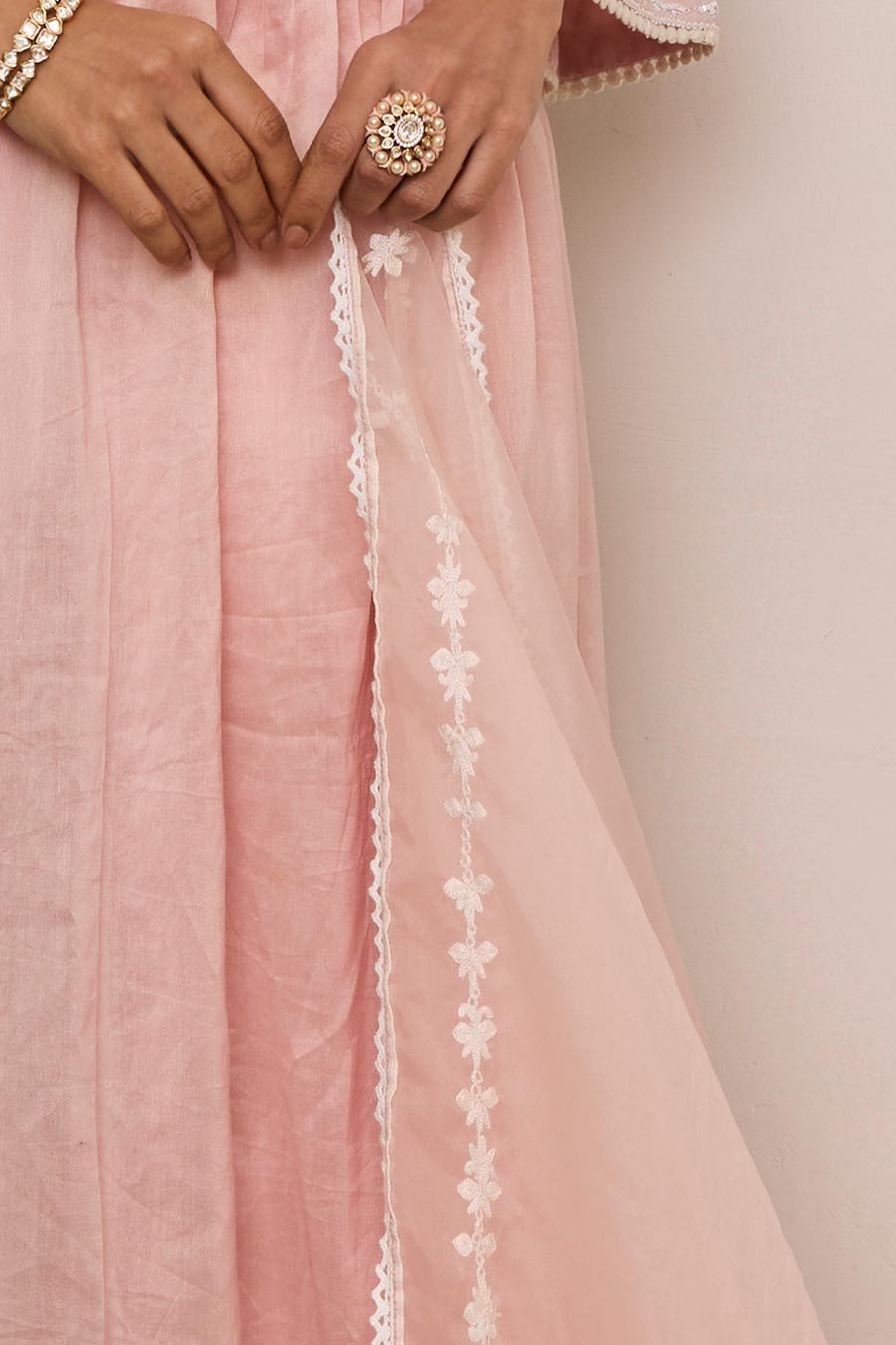 Pink Embroidered Organza Gathered Kurta Set