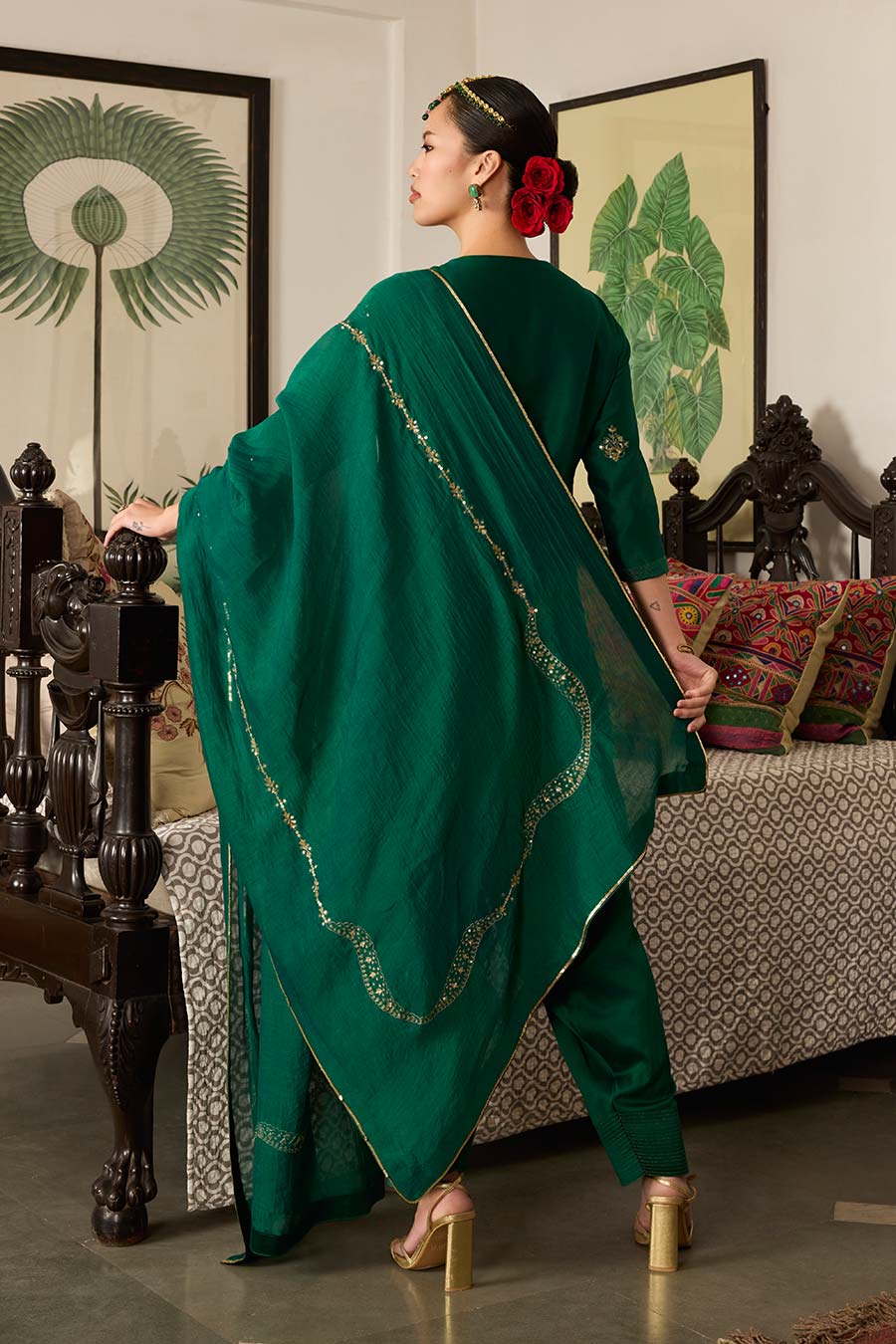 Bottle Green Embroidered Chanderi Silk Kurta Set