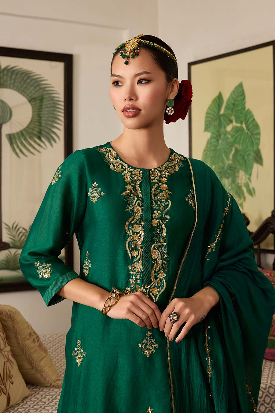 Bottle Green Embroidered Chanderi Silk Kurta Set