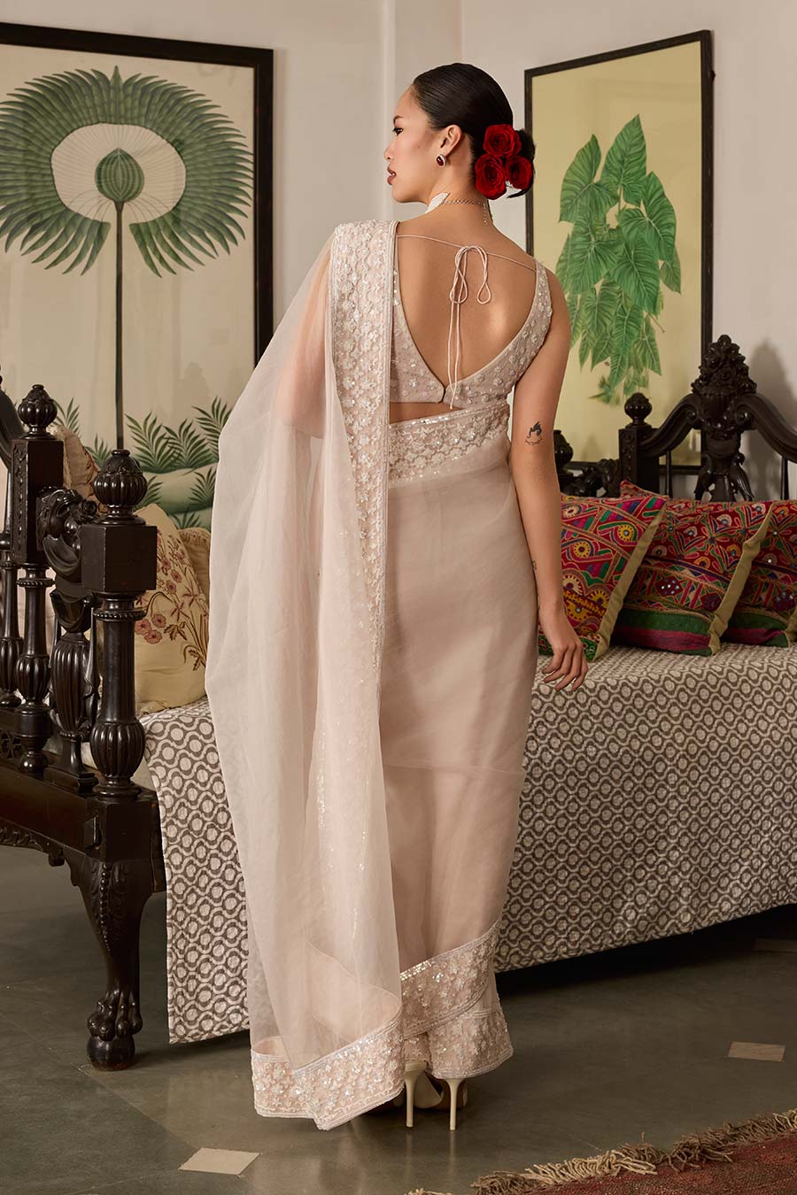 Light Pink Embroidered Organza Saree Set