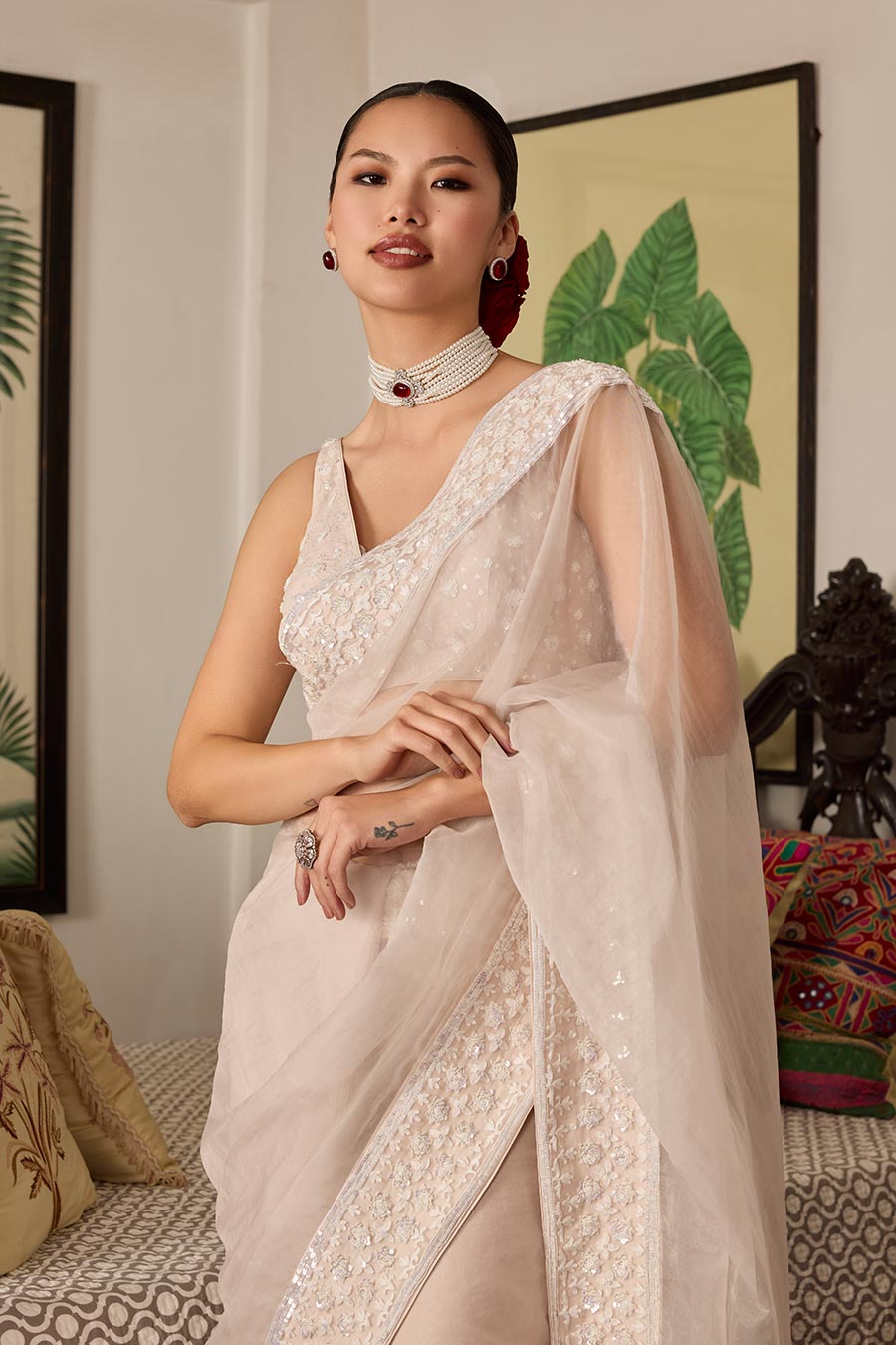Light Pink Embroidered Organza Saree Set