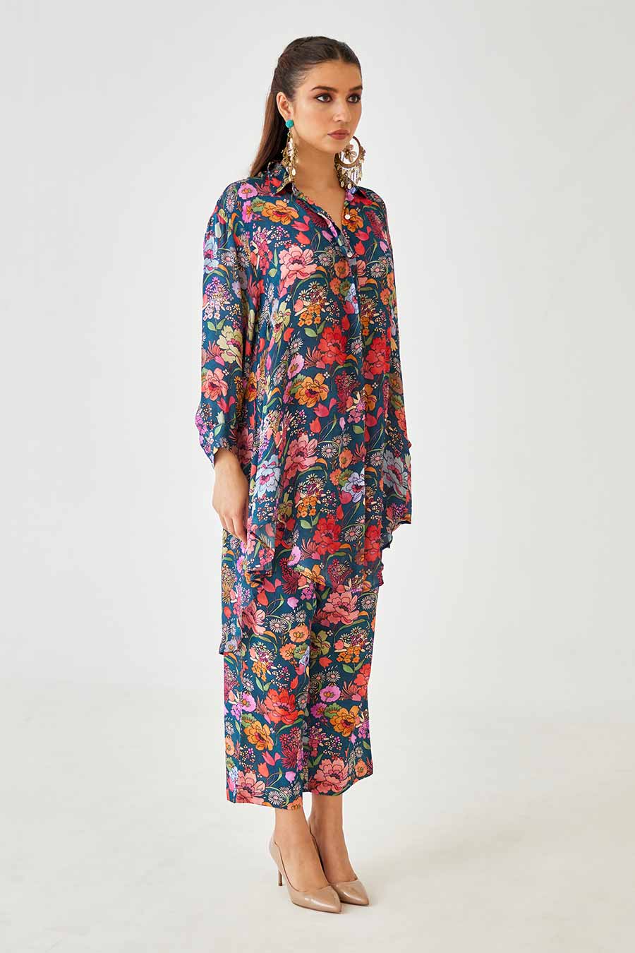 Big Blue Floral Printed Indie Shirt & Pant Set