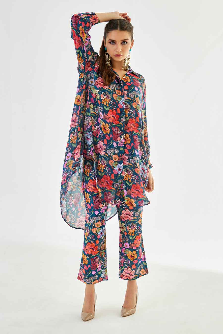 Big Blue Floral Printed Indie Shirt & Pant Set