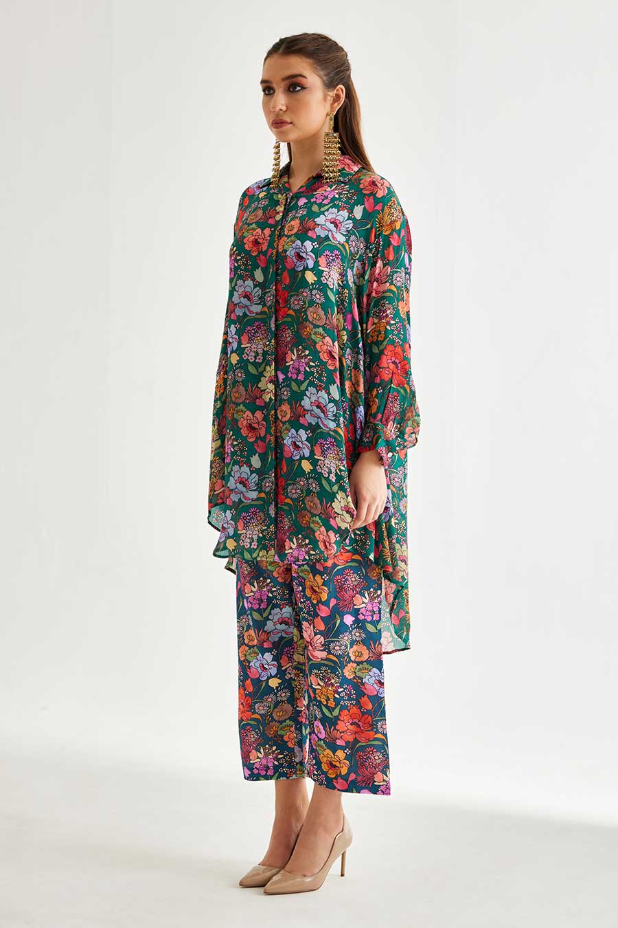 Big Green Floral Printed Indie Shirt & Pant Set