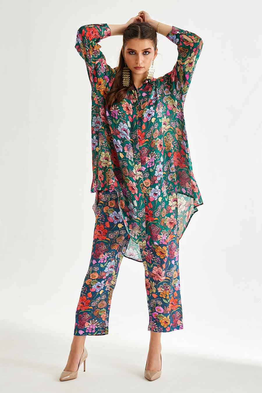 Big Green Floral Printed Indie Shirt & Pant Set