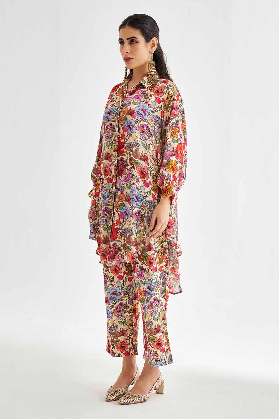 Big White Floral Printed Indie Shirt & Pant Set