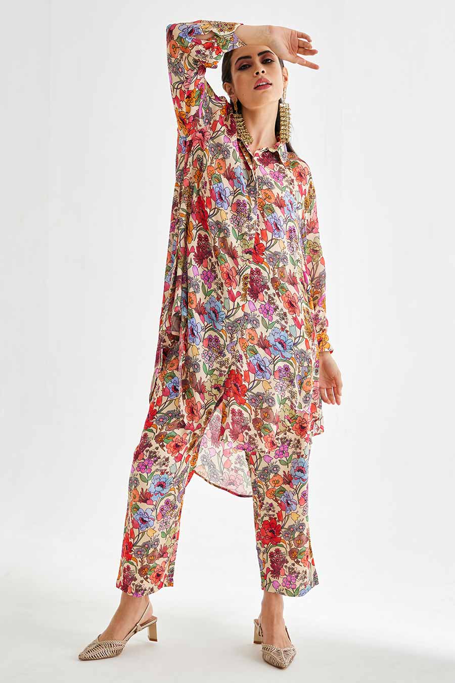 Big White Floral Printed Indie Shirt & Pant Set